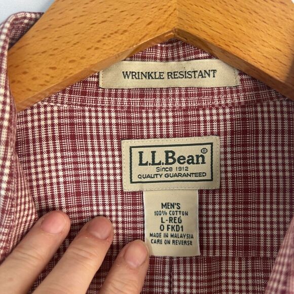 LL Bean Burgundy Cotton Plaid Wrinkle Resistant Casual Button Down Size L Reg - Picture 7 of 9